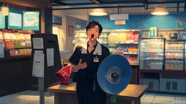 The clerk stands behind a table in front of the restaurant, yelling with a megaphone, lifelike. Male, perfectly proportioned face, convenience store uniform, hand to mouth, cafeteria, soft lighting, Rembrandt, full body, best quality, surreal