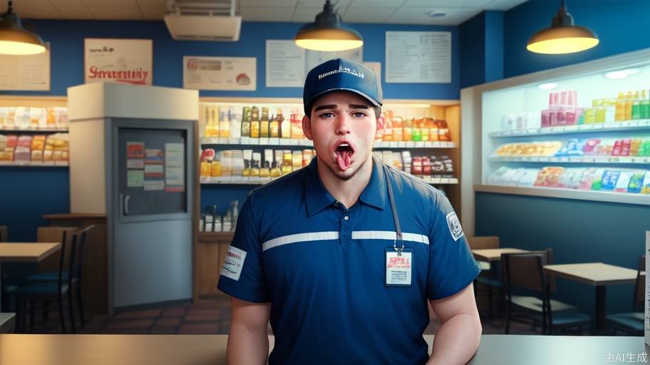 店员站在餐厅前的一张桌子后面，用扩音器大