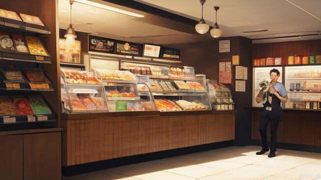 The clerk stands behind a table in front of the restaurant, yelling with a megaphone, lifelike. Male, perfectly proportioned face, convenience store uniform, hand to mouth, cafeteria, soft lighting, Rembrandt, full body, best quality, surreal