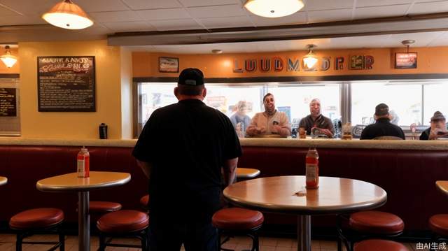 The guy's standing behind a table in front of the diner, yelling over a loudspeaker, medium camera, lifelike.