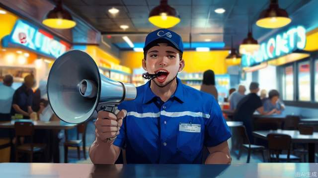 The clerk stands behind a table in front of the restaurant, yelling with a megaphone, lifelike. Male, perfectly proportioned face, convenience store uniform, hand to mouth, cafeteria, soft lighting, Rembrandt, full body, best quality, surreal