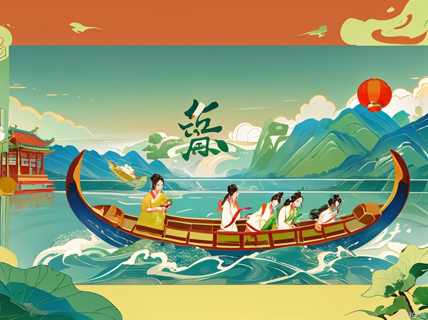 端午节，平面海报，中国传统元素，绿色为主