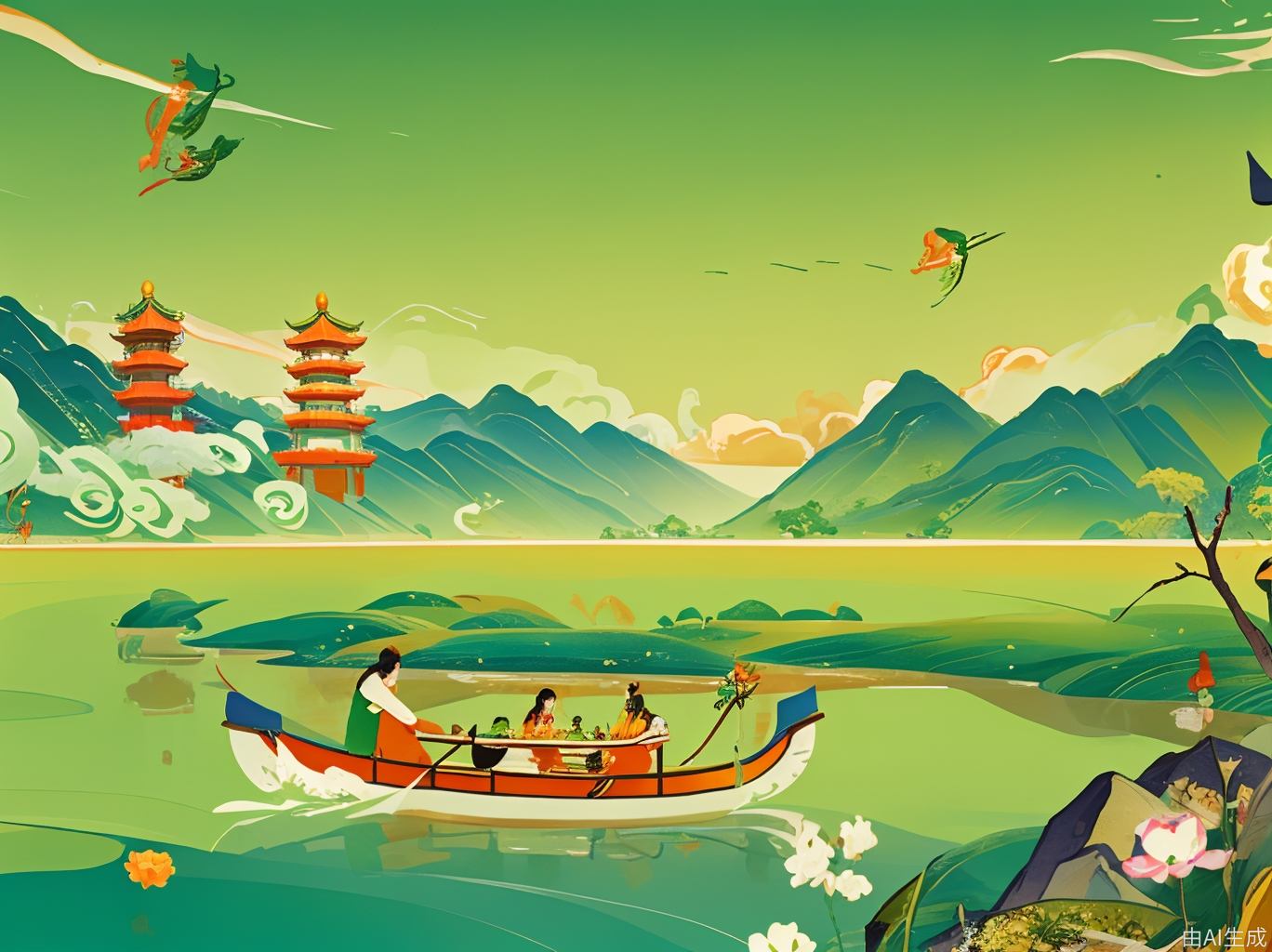 端午节，平面海报，中国传统元素，绿色为主