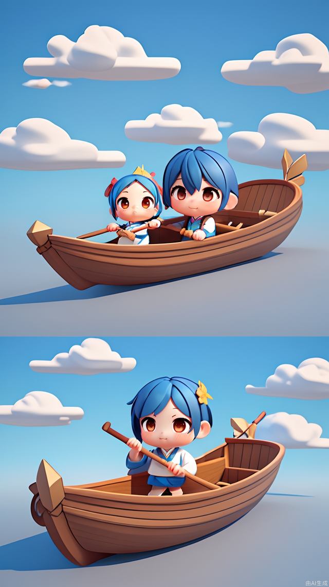 A cute Chinese girl/boy is rowing a boat，A boat in the shape of a dragon head，Chinese traditional festivals，Mountains, clean blue sky and white clouds，High detail and rich colors，Pixar trend, clay materials, 3D, C4D, OC renderer