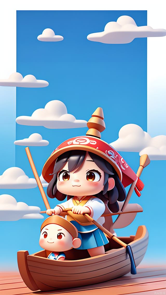 A cute Chinese girl/boy is rowing a boat，A boat in the shape of a dragon head，Chinese traditional festivals，Mountains, clean blue sky and white clouds，High detail and rich colors，Pixar trend, clay materials, 3D, C4D, OC renderer