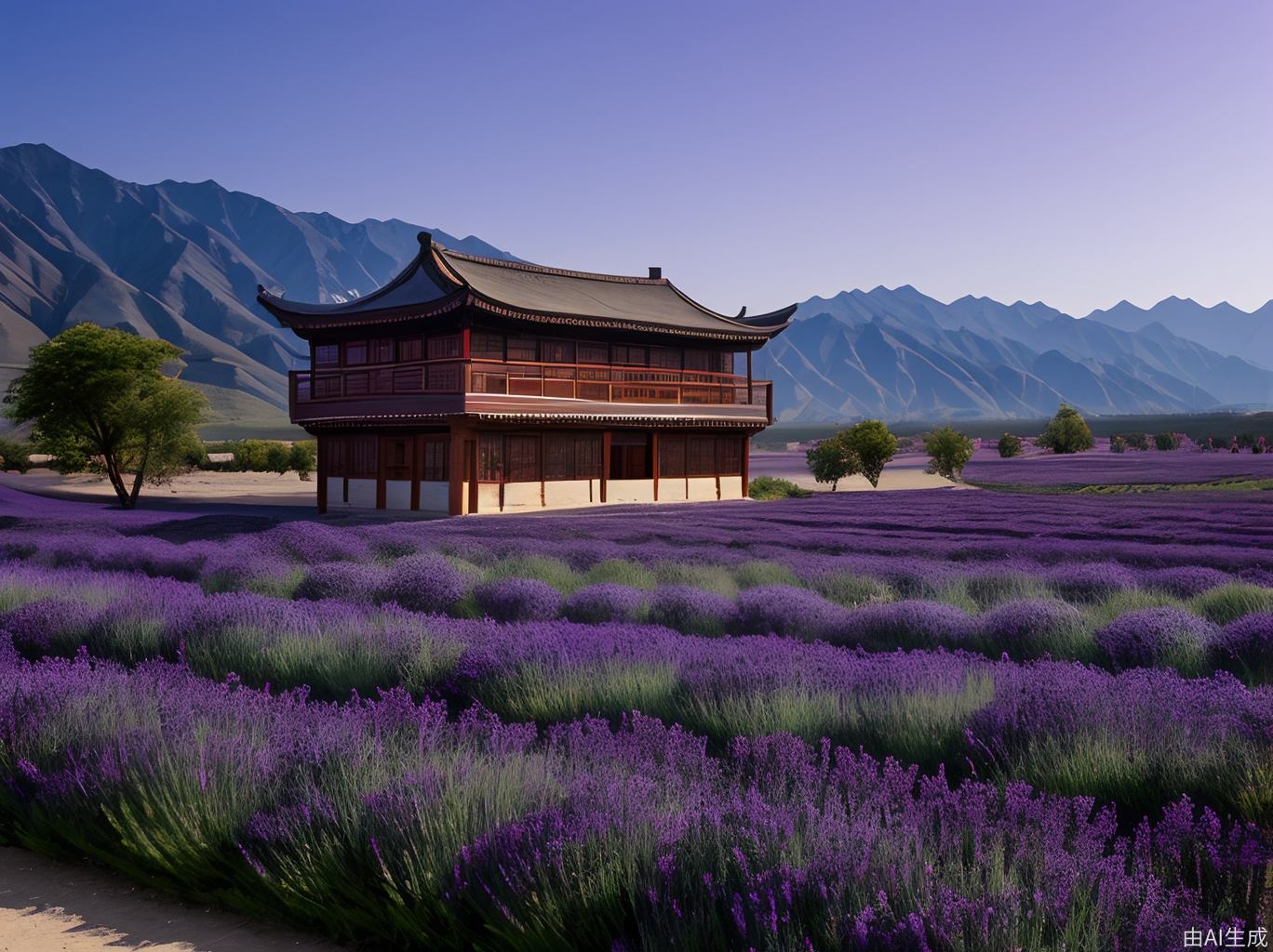 新疆天山背景，前景新疆薰衣草田，以紫色为