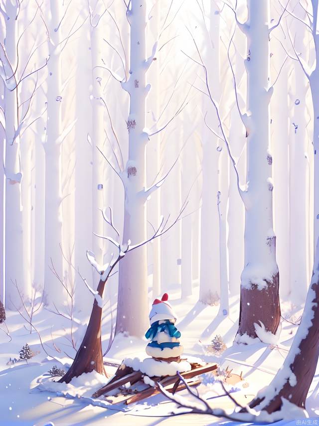 Best Quality, High Resolution, Perfect Illumination, (Extremely Fine CG: 1.2), 32K. (Fallen Forest Art Form, Solo: 1.5), Snow, Forest, Winter, Lovely Q Version Characters, Blossom Spray, Snowflake Microlandscape, Ice Blue, Simple, Clean Light Background, Light Tracking, Natural Light, C4D, OC Rendering, (Masterpiece: 1.2)