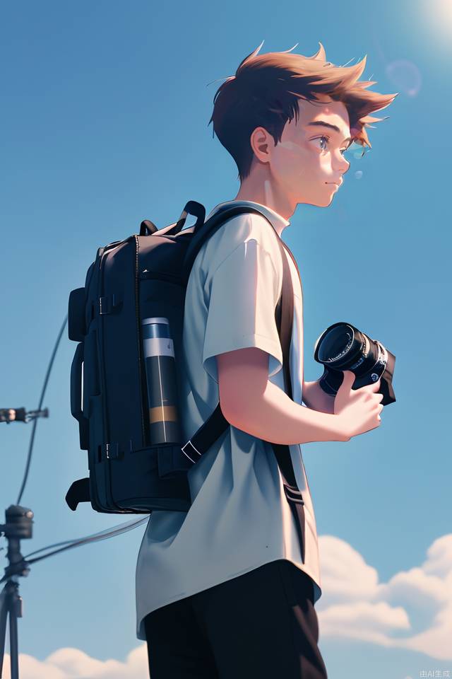 A teenager with a camera and a backpack, wearing a shirt under a clear sky