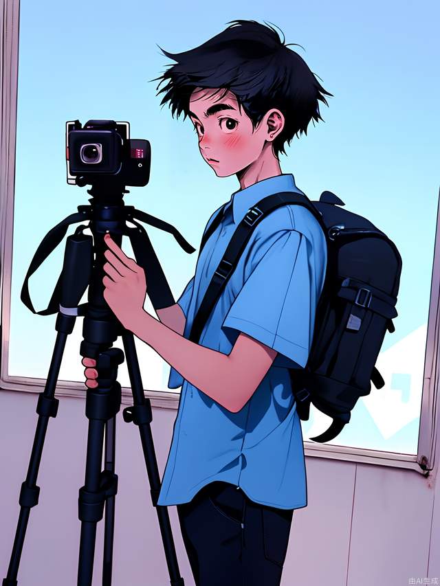 A teenager with a mirrorless camera and a backpack, wearing a shirt under a clear sky, ready to photograph you