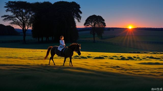 When the sun sets on the grassland, a young girl gets on the horse