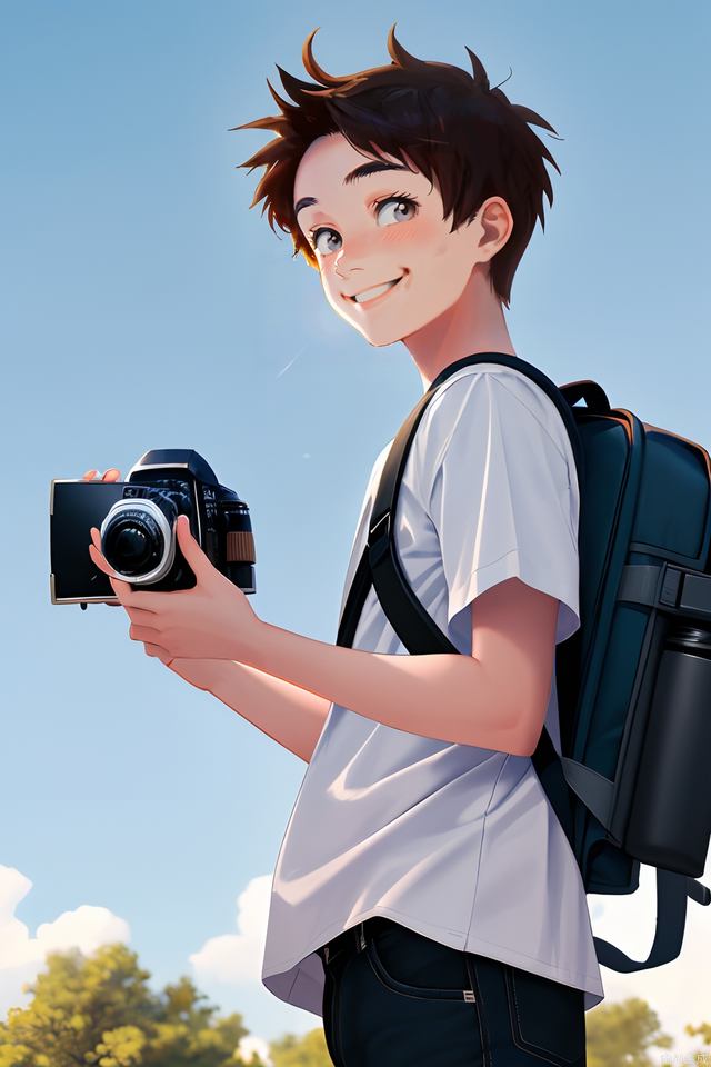 A teenager with a camera and a backpack, wearing a shirt under a clear sky and smiling