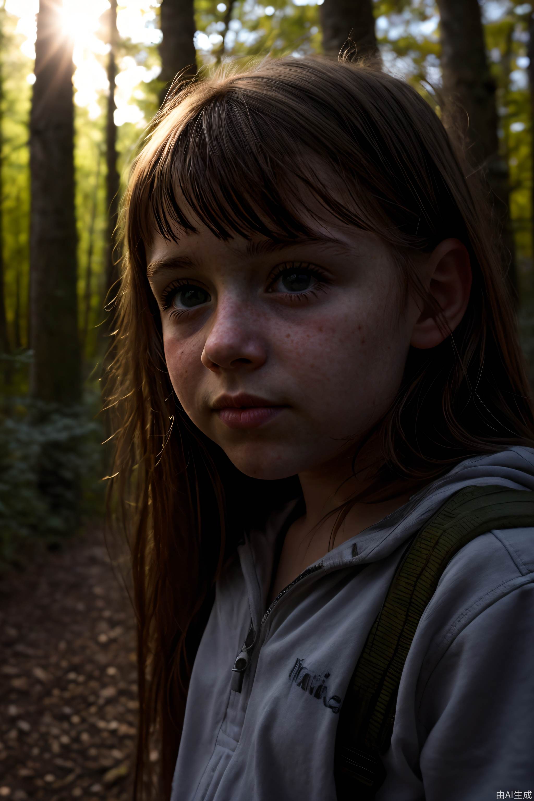 在逆光下，树林里一个女孩的特写，一个女孩
