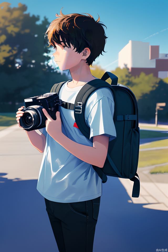 A teenager with a camera and a backpack, wearing a shirt under a clear sky