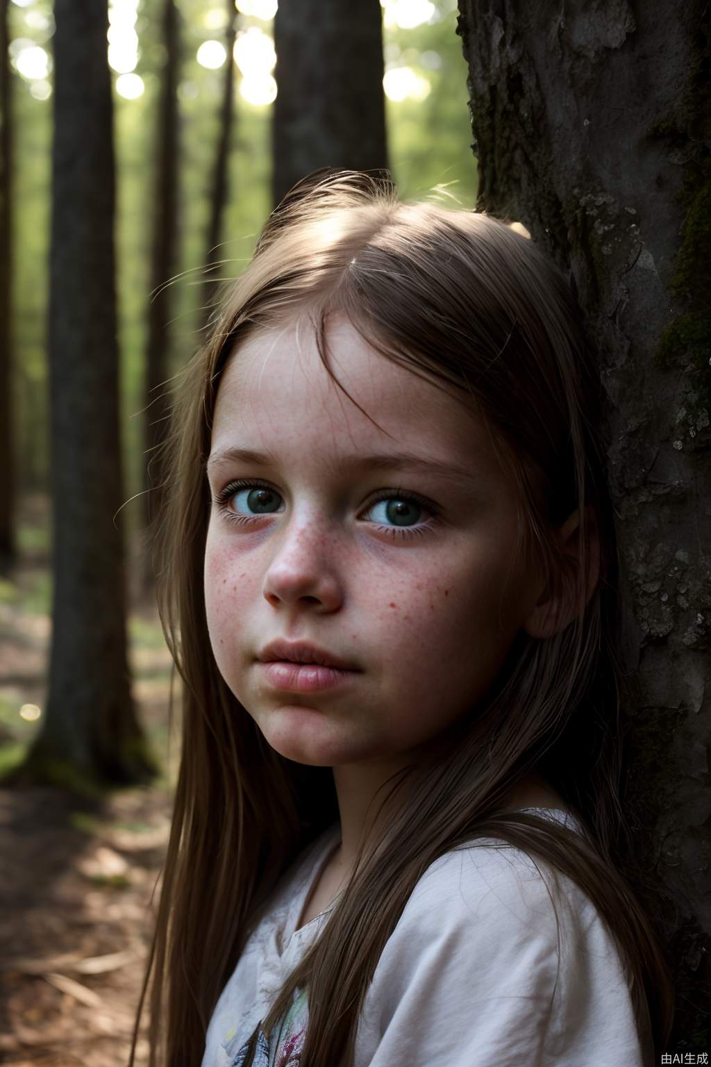 在逆光下，树林里一个女孩的特写，一个女孩