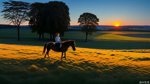When the sun sets on the grassland, a young girl gets on the horse
