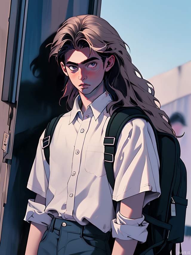 A teenager with a mirrorless camera and a backpack, wearing a shirt under a clear sky, looking at you ready to shoot, the boy has medium and long hair