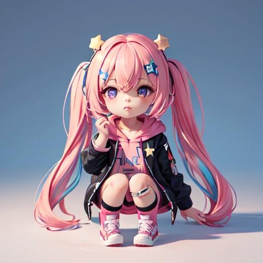 masterpiece, best quality, 8k, cinematic light, ultra high res, chibi, 1girl, bag, backpack, solo, multicolored hair, shorts, star \, (symbol\), blue hair, hood, sitting, pink hair, star hair ornament, head rest, socks, pink footwear, black shorts, hair ornament, full body, boots, bandaid, gradient, twintails, jacket, 