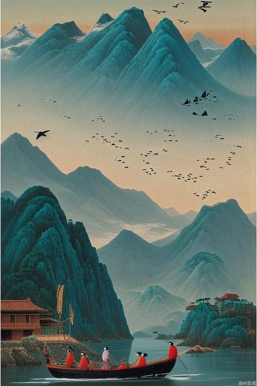 Birds flying， thousands of mountains，boat, old man