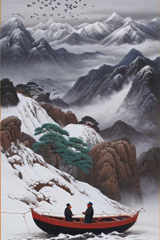 Birds flying， thousands of mountains，boat, old man，snowing,