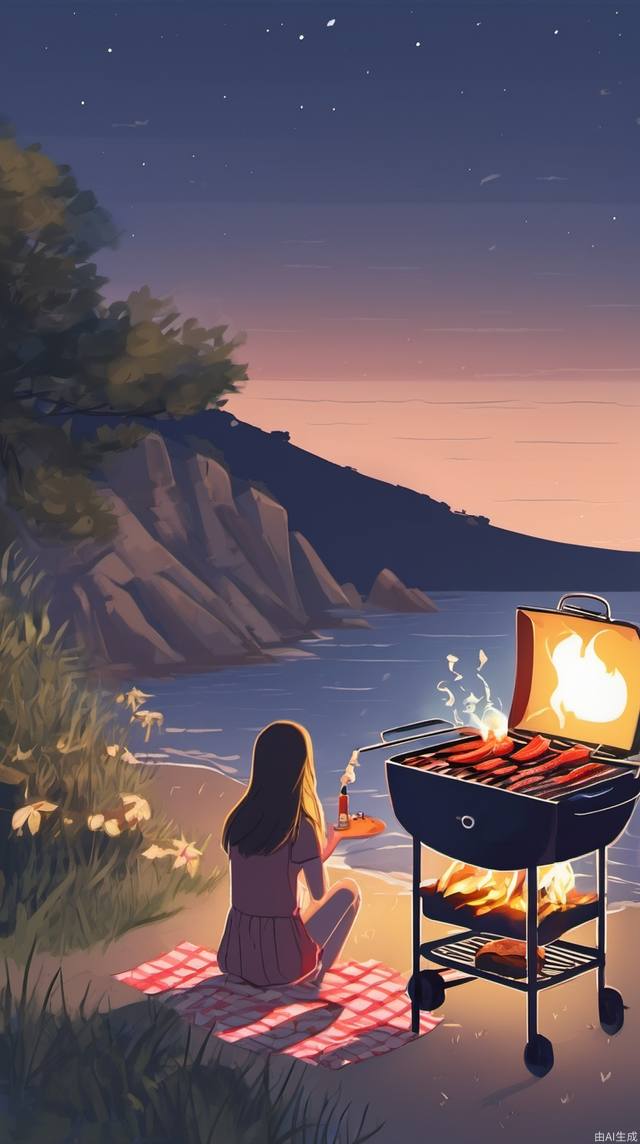 On a summer night, a girl is having a barbecue by the sea