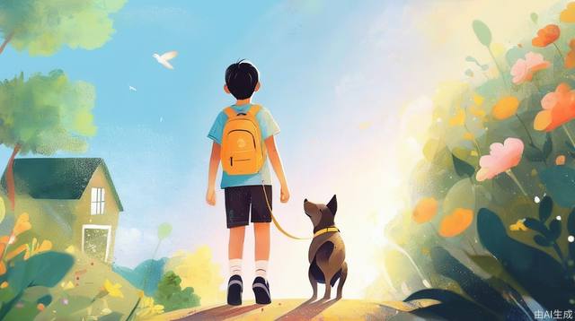 dog and kids under the sunshine, underage, smile, illustration, pastel_color, panorama