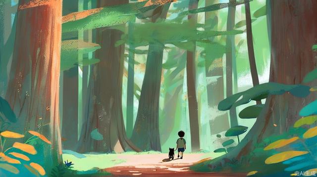 Cat and boy through the forest, underage, smile, Studio Ghibli, illustration, pastel_color, panorama