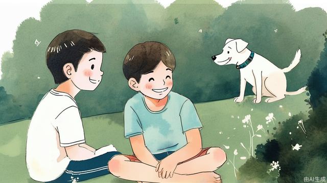 dog and kids under the sunshine, underage, smile, illustration, pastel_color, panorama, (((ink))), ((watercolor)), Studio Ghibli, artbook