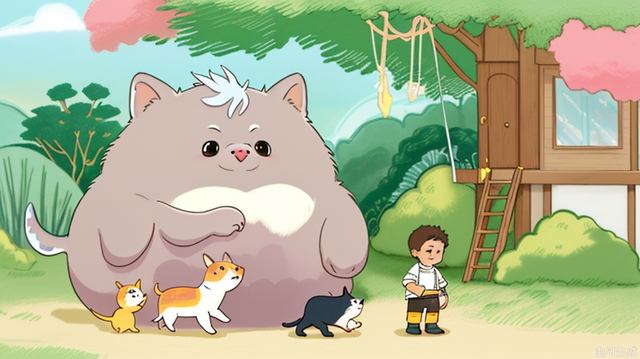 Pet he basks in the sun with the owner, 1boy, underage, smile, Studio Ghibli, illustration, pastel_color, panorama