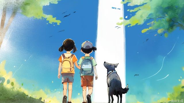 dog and kids under the sunshine, underage, smile, illustration, pastel_color, panorama, (((ink))), ((watercolor)), Studio Ghibli, artbook