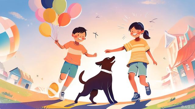 dog and kids under the sunshine, underage, smile, illustration, pastel_color, panorama