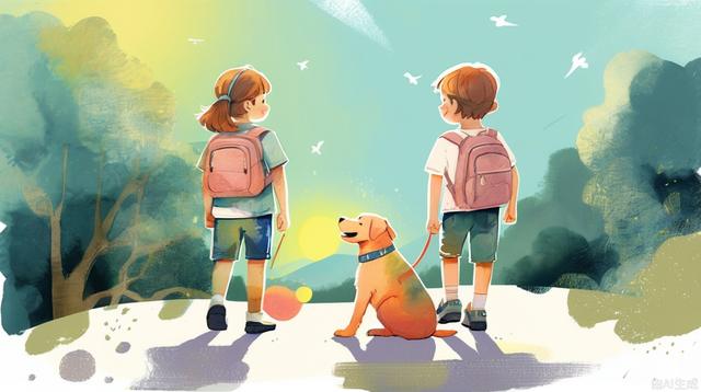 dog and kids under the sunshine, underage, smile, illustration, pastel_color, panorama, (((ink))), ((watercolor))