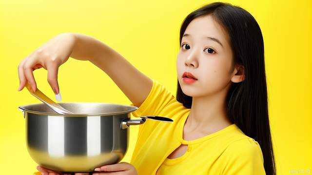 Little girl, cooking, yellow background