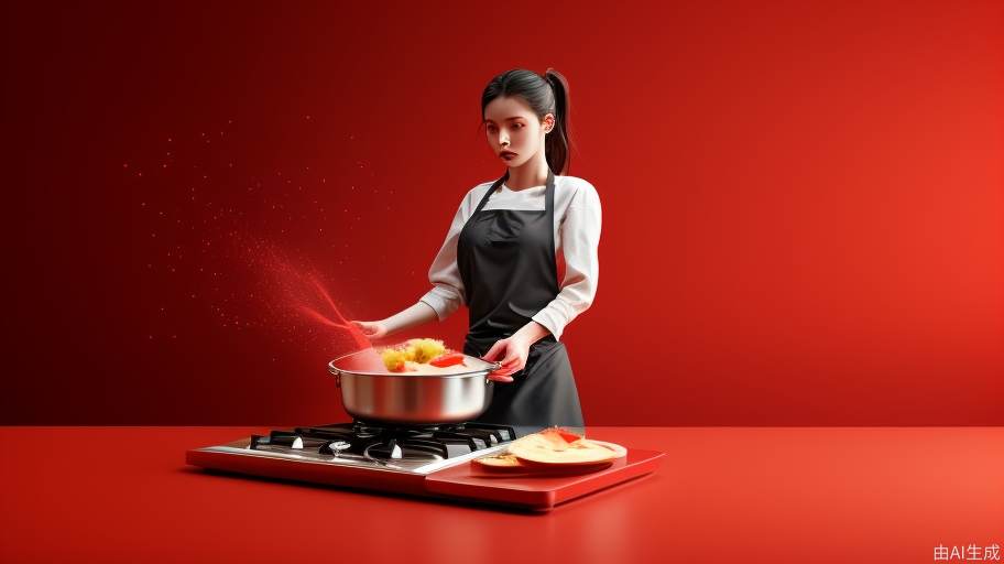 女性，烹饪，红色背景