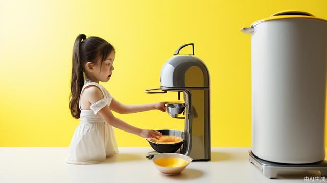 single,Little girl, cooking, yellow background, incredibly absurdres, reality, mid_shot