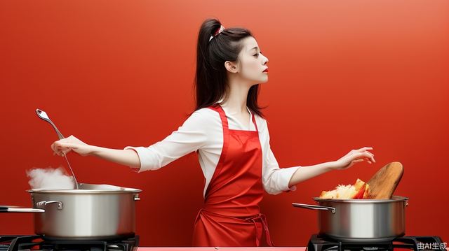 female, cooking, red background