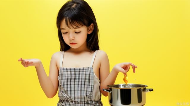 single,Little girl, cooking, yellow background