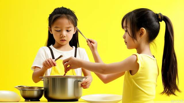 Little girl, cooking, yellow background