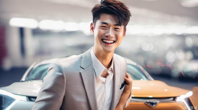 cars Sales, young Asians,  movie lights, smiles, suits