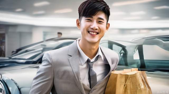 Sales, young Asians, cars, movie lights, smiles, suits