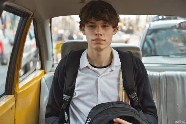 A young man is sitting in a taxi, holding a backpack