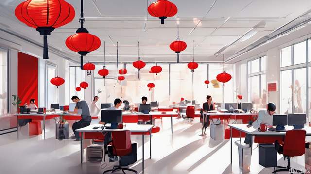 Lazy afternoon, bright, people working in the office, white walls, red lanterns, red tabletops, real people, movie texture