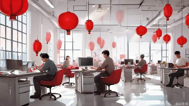 Lazy afternoon, bright, people working in the office, white walls, red lanterns, red tabletops, real people, movie texture