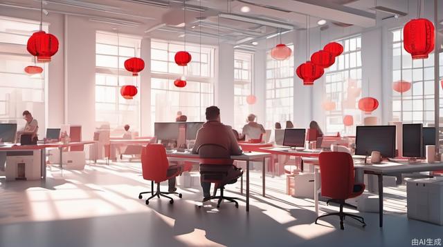 Lazy afternoon, bright, people are working in the office, white walls, red lanterns, red tabletops, indoor fluorescent lights, warm sunshine, real people, movie texture