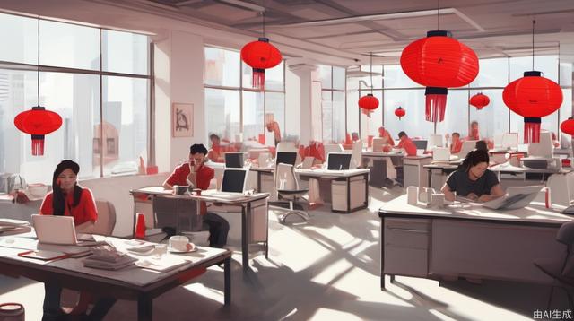 Lazy afternoon, bright, people working in the office, white walls, red lanterns, red tabletops, real people, movie texture