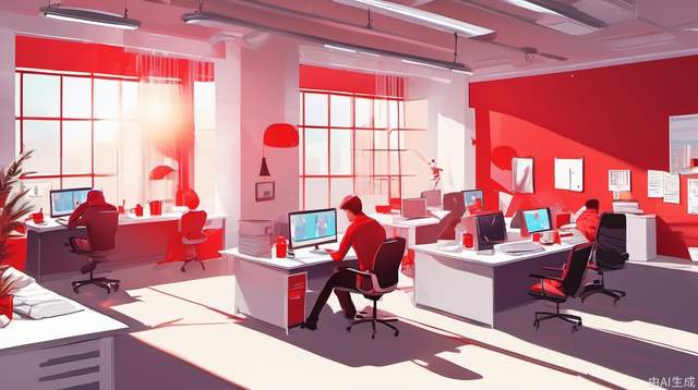 Lazy afternoon, bright, people are working in the office, white walls, red lanterns, red tabletops, indoor fluorescent lights, warm sunshine, real people, movie texture