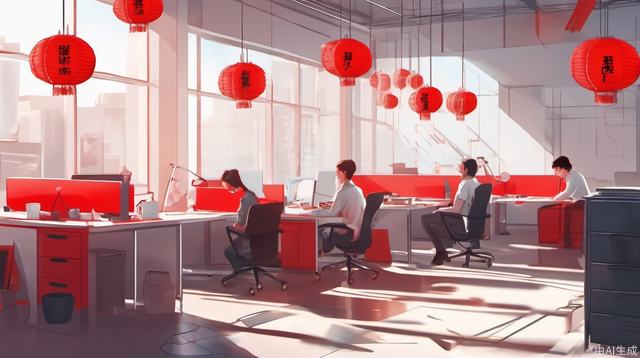 Lazy afternoon, bright, people are working in the office, white walls, red lanterns, red tabletops, indoor fluorescent lights, warm sunshine, real people, movie texture