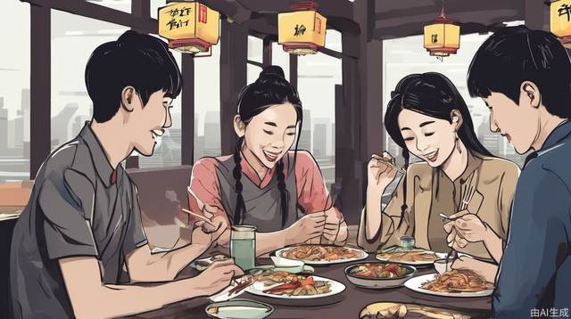 Chinese people, colleagues, eat at a restaurant and talk happily