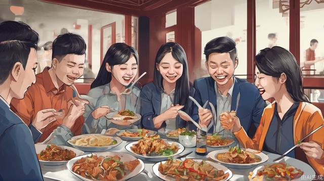 Chinese people, colleagues, eat at a restaurant,cheer