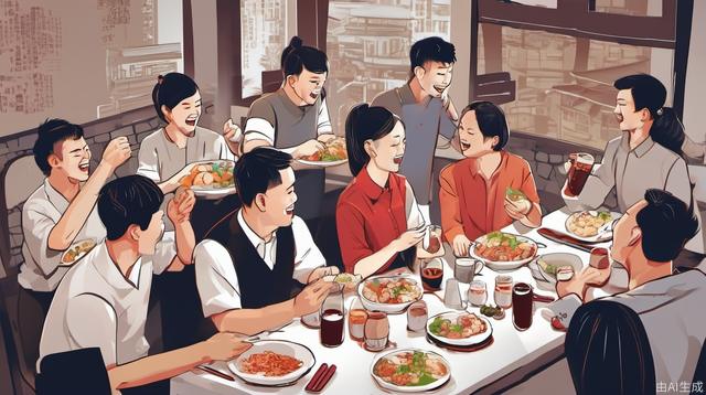 Chinese people, colleagues, eat at a restaurant,cheer