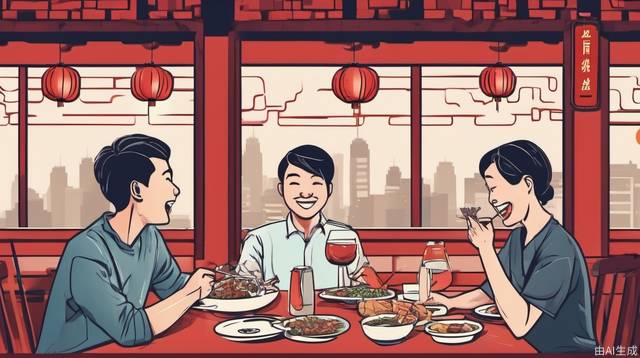 Chinese people, colleagues, eat at a restaurant and talk happily